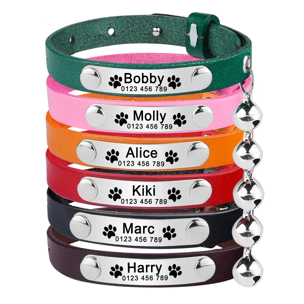 Collar de gato de cuero grabado personalizado con nombre personalizado, collares ajustables antipérdida de Pu, accesorio personalizado para gato