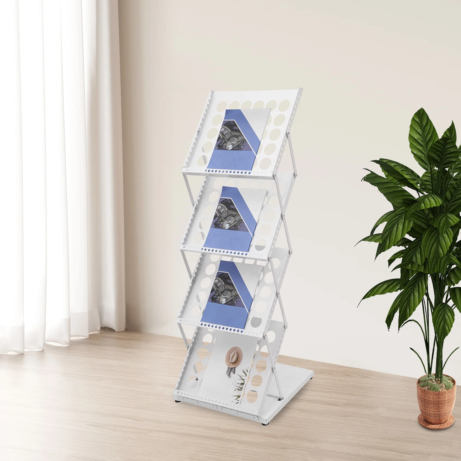 

4 Tier Foldable Magazine Rack A3 Book Display Shelf with Holes White Storage Stand for Office Home Library Shop
