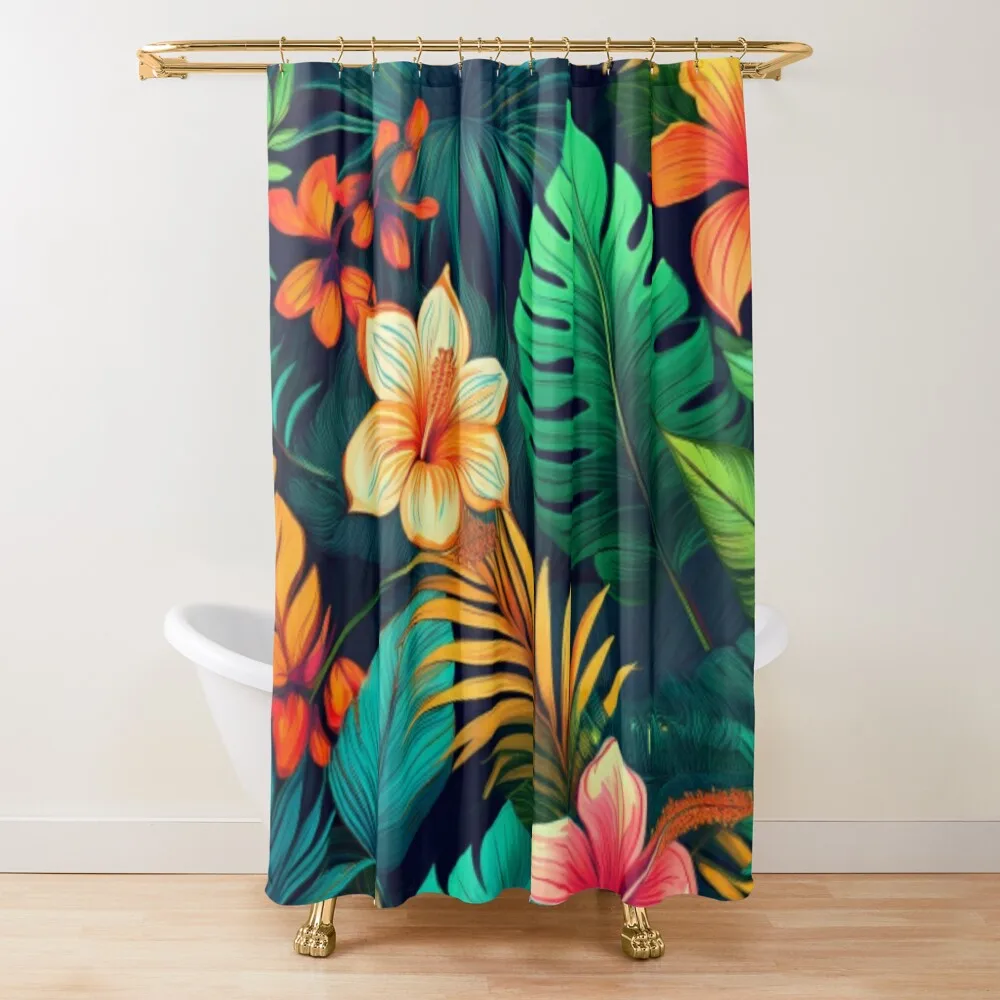 

Vibrant Tropical Floral Pattern with Hibiscus and Palm Leaves Shower Curtain Waterproof Shower And Anti-Mold Curtain