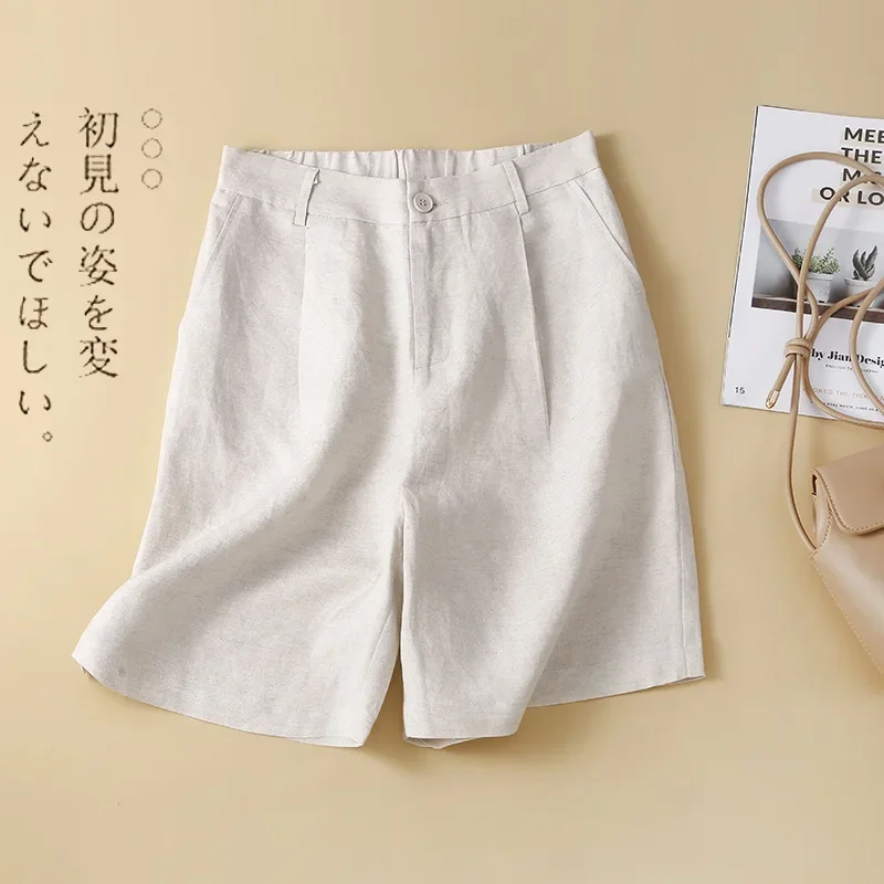 New Cotton and Linen Shorts for Women Summer 2024 Loose High Waisted Wide Leg Pants Casual Versatile Solid Retro Straight Shorts