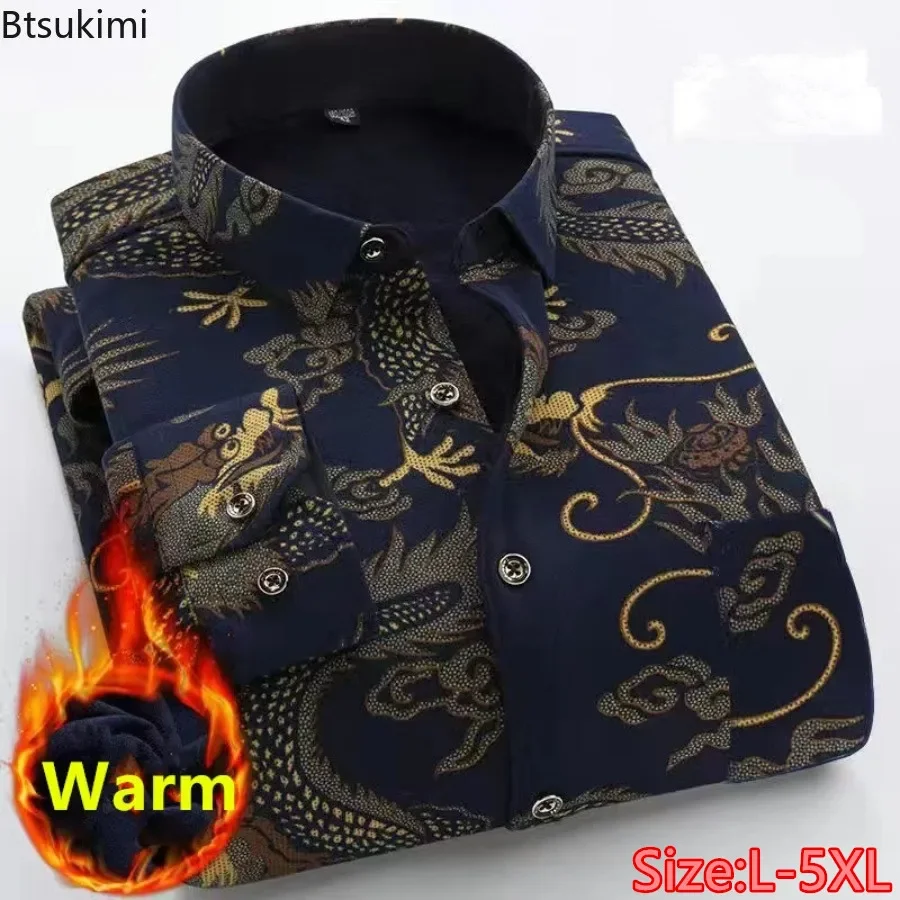 Autumn Winter Thicken Warm Shirts for Men Fashion Print Long Sleeve Fleece Plaid Shirts Men's Slim Casual Blouse Oversized L-5XL