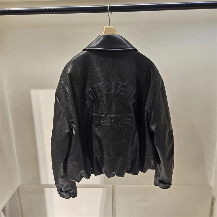 Sli ort Goose down Jaet Women's PU Leather Coat with Emed Letters Collar Autumn Winter Faion High End Selfwill