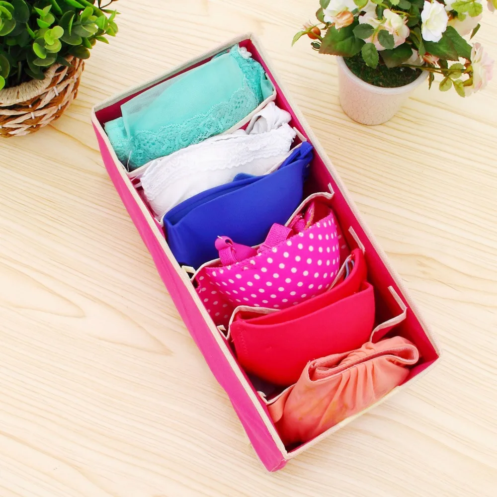 1 Pack 6 Compartment Fabric Underwear Drawer Organizer, Foldable Non-Woven Panties Storage Box, Separate Grid Lingerie Drawer Divider for Panties Briefs Small Intimates