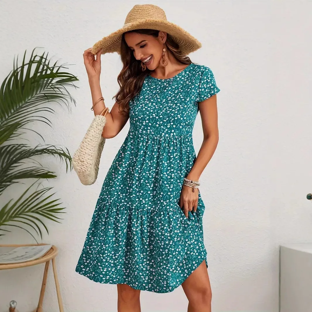 

Летнее повседневное платье с принтом, круглым вырезом и короткими рукавами