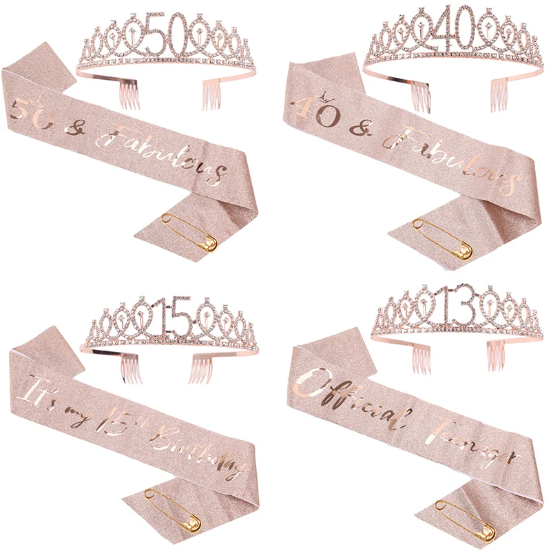 

10 16 21 30 40 50th Happy Birthday Party Rose Gold Shoulder Strap Crown Set Kids Birthday Decorations Anniversary Favor Gift