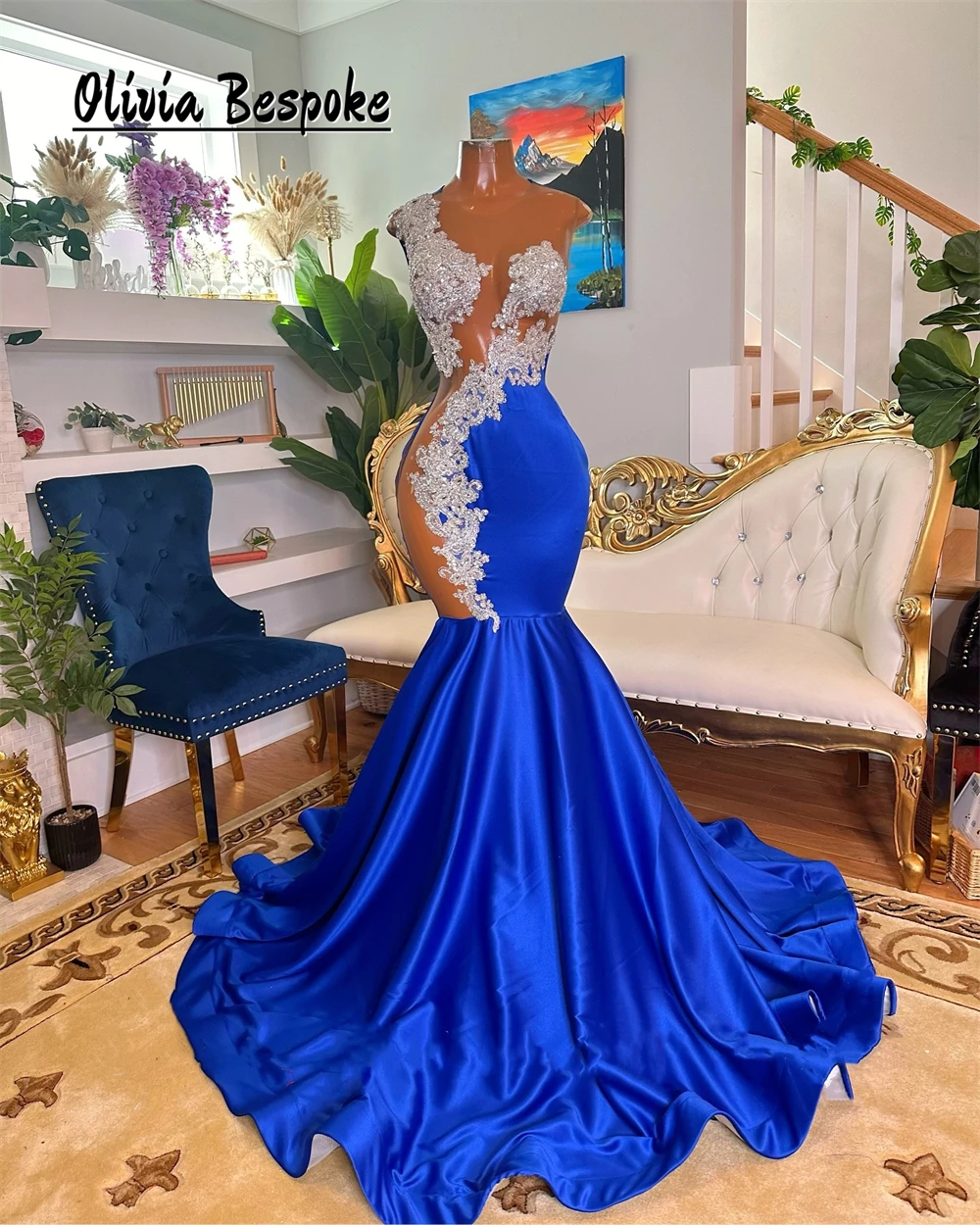 

Fashionable King Blue Long Mermaid Prom Dresses Silvery Beaded Lace Appliques Cocktail Party Dress For Black Girls Customized