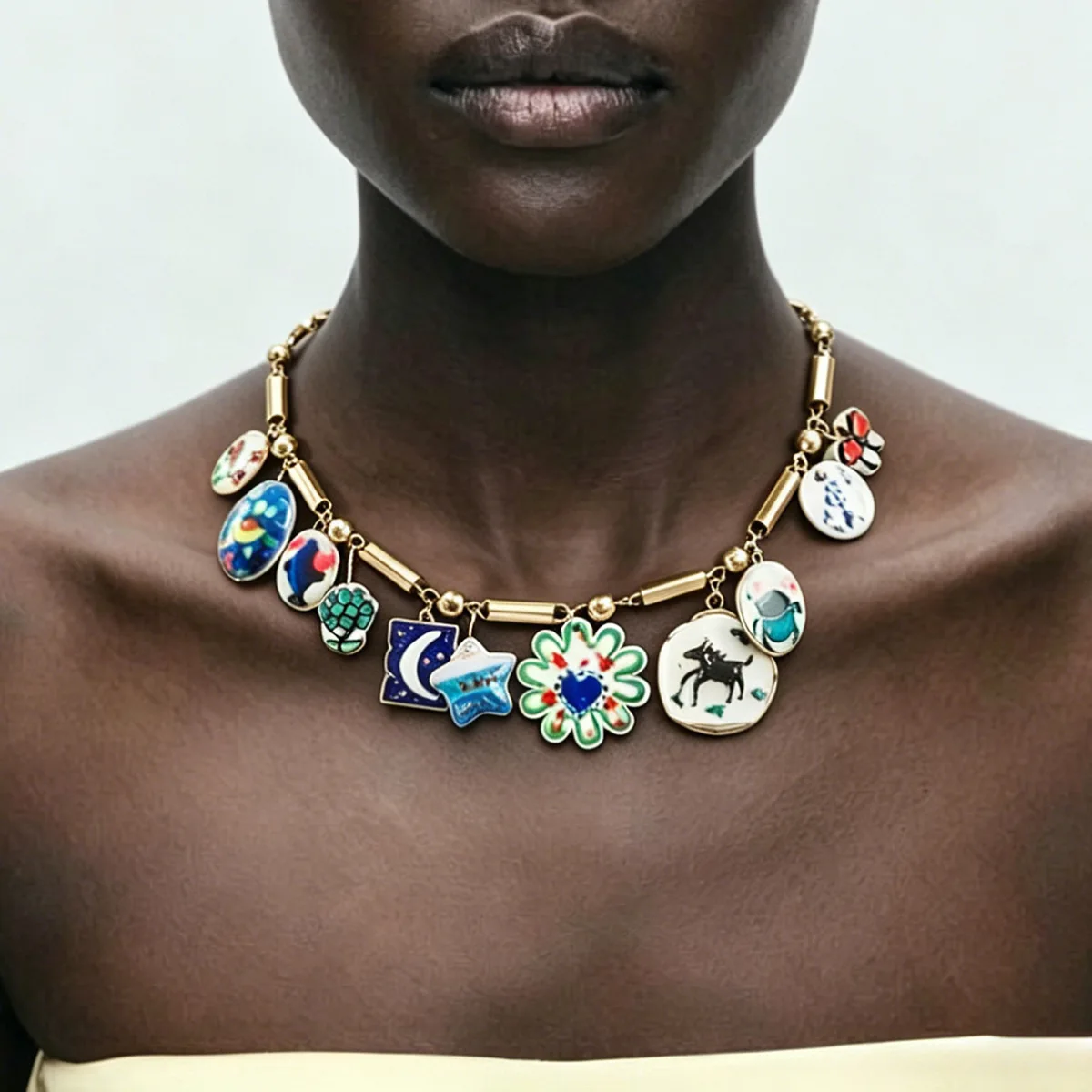 Colorful Glazed Cartoon Charm Choker Vintage Gold Bar Jointed Chunky Statement Collar Cute Abstract Doodle Aesthetic Necklace