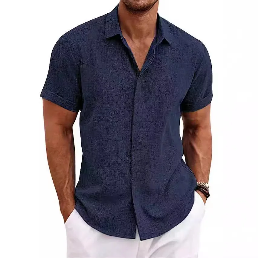 Moda masculina casual cor sólida camisas botão linho algodão manga curta formal camiseta masculina lapela básica fina topos uso diário