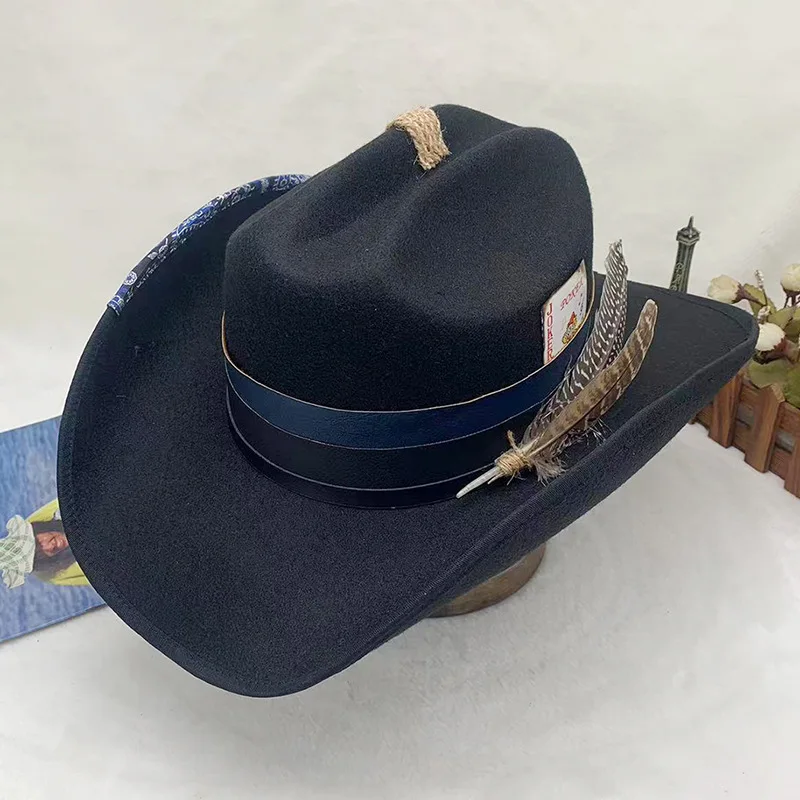 Hot Sale Men's Woolen Jazz Frayed Vintage Distressed Knight Western Cowboy Hat Tibetan Top Hat