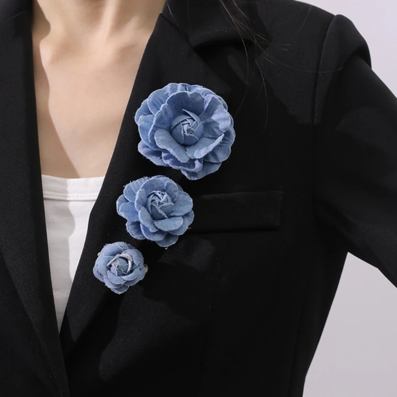 2023 New Retro Camellia Flower Brooch Floral Badge Denims Fabric Corsage Jewelry