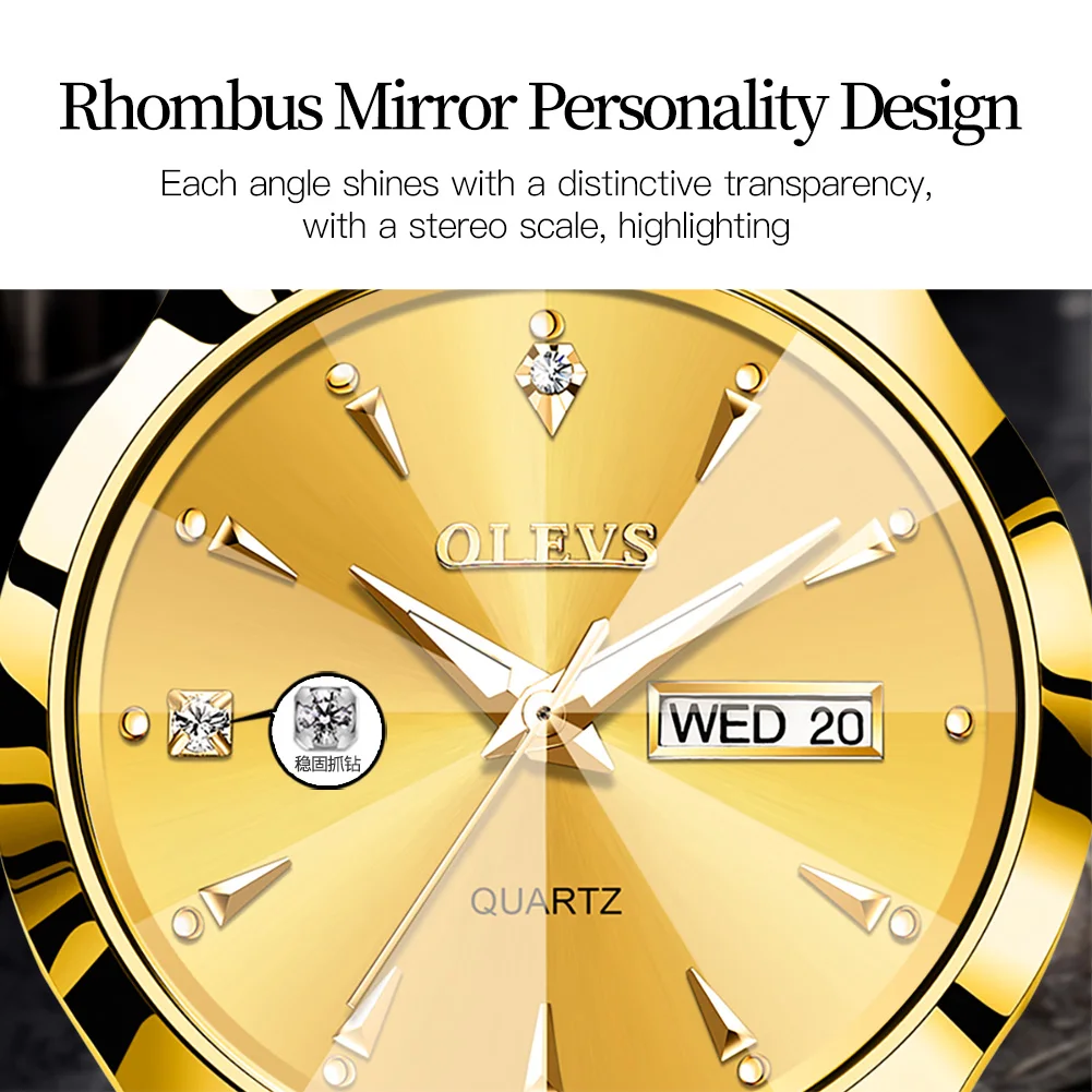 OLEVS Tungsten steel Men\'s Watch Rhombus Mirror Waterproof Luminous Calendar Gold Wristwatch Male Quartz Watch for Man Original