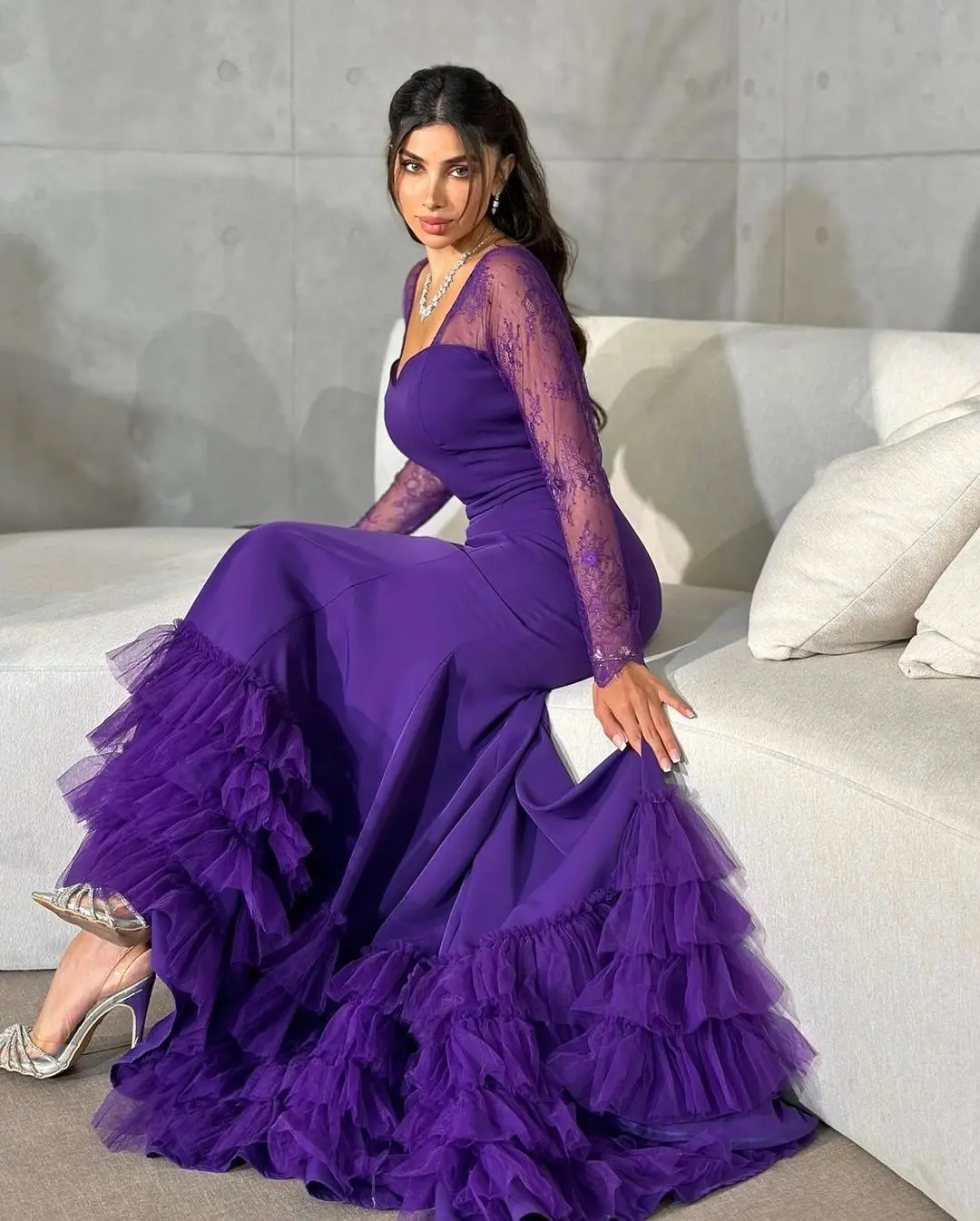 Eightale 2025 Long Sleeve Purple Evening Dress Wedding Party Ruffles Tail Mermaid Formal Prom Dress Party Gown