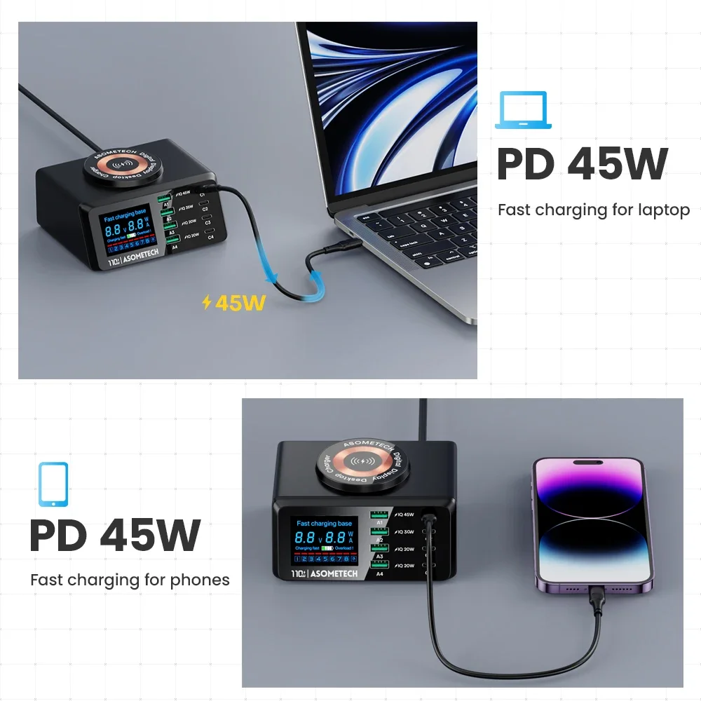 110W Usb Multi Chargers Wireless Charger Digital Display PD Type C Fast Charging for IPhone 14 13 Max IPad Xiaomi Samsung Laptop