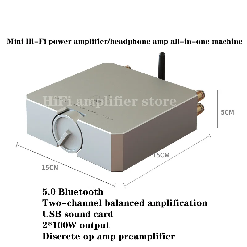 Mini Hi-Fi power amplifier/headphone amplifier all-in-one machine. Output power: 2*100W，using SX45B or SX52B op amp