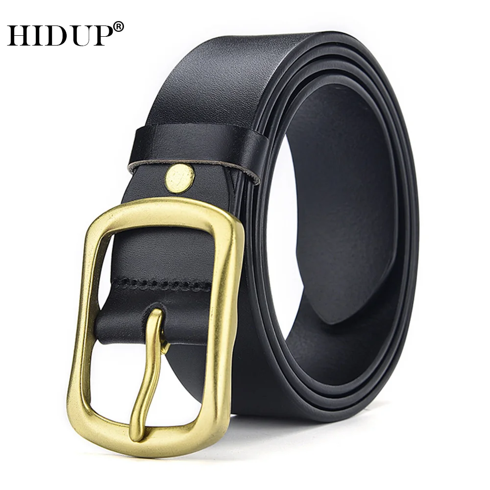 HIDUP 3.8cm Width Men's Cowhide Brass Buckle Pure Leather Belt for Male Jeans Accessories