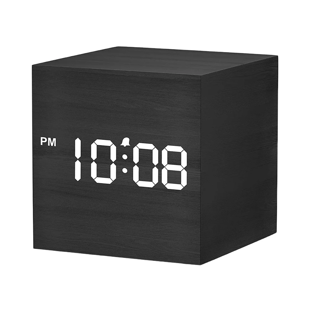 Wooden Digital Alarm Clock with Temperature Electronic Desktop Clock USB/Battery Powered Bedroom Table Clock for Home Decoration