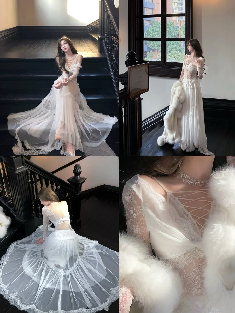 

Lace Base irt Women's Sexy Sle Long Sve Bal Pattern Premium Feel Underwear Top Snowy Butterfl...