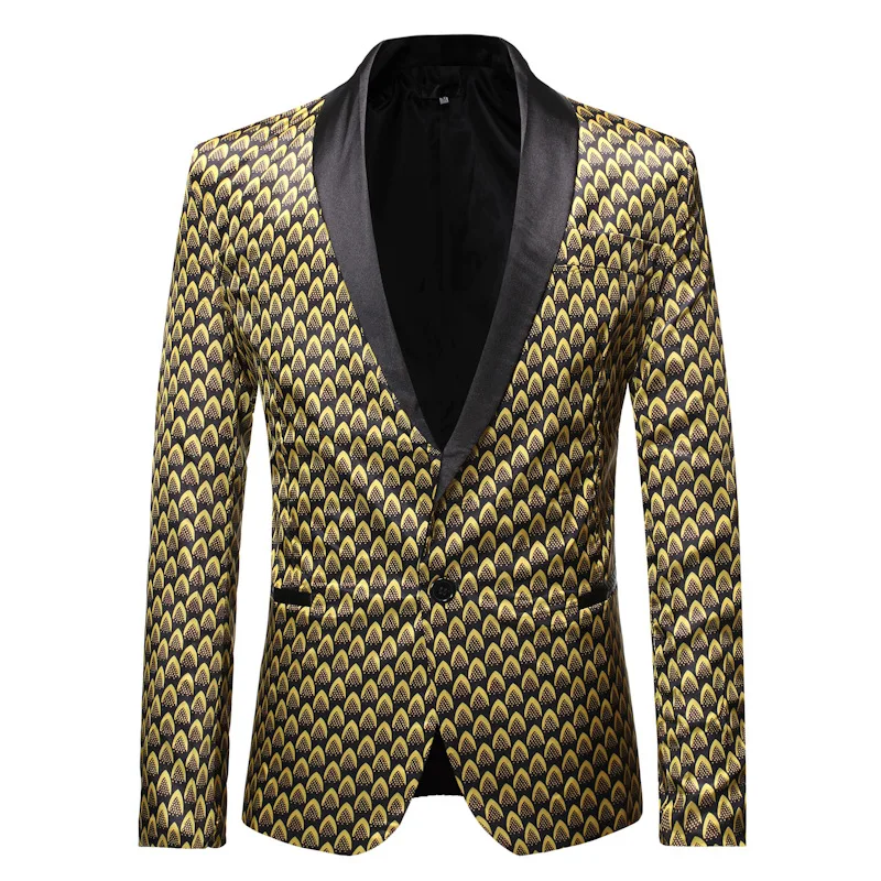 

Gold Fish Scale Print Suit Men's Large Size Evening Host Formal Wear Slim Fit Single-Breasted Jacket Nightclub Trendy Perform...