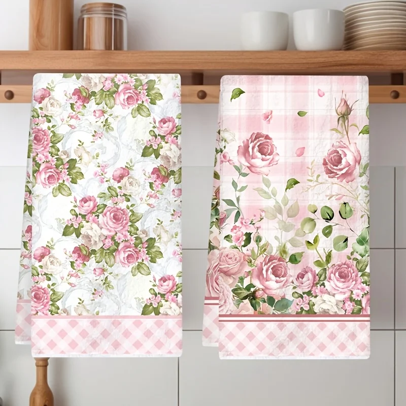 2 Pieces of Randomly Selected Rose Kitchen Towels Suitable for Farmhouse Decor, Vintage Rose Floral Dish Towels Made of Soft, Absorbent Microfiber, Washable Rectangular Table Decorations, Suitable for Dining Rooms, Bat