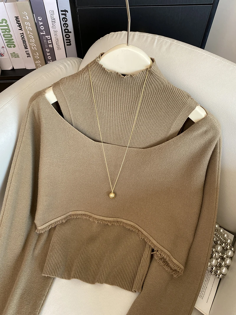 Early Autumn Lightweight Mature Sweater oulder Bared Vest Vintage Tassel High Waist Slimming Two Piece Set Commute Sle Lo...