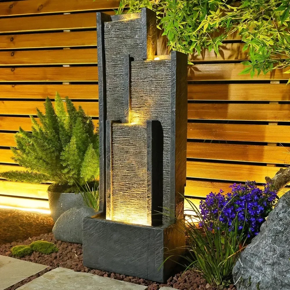 Water Fountain Outdoor Indoor Cascading Floor - Standing Fountain with Led Lights and Pump 39.3” H Curves Garden Fountain