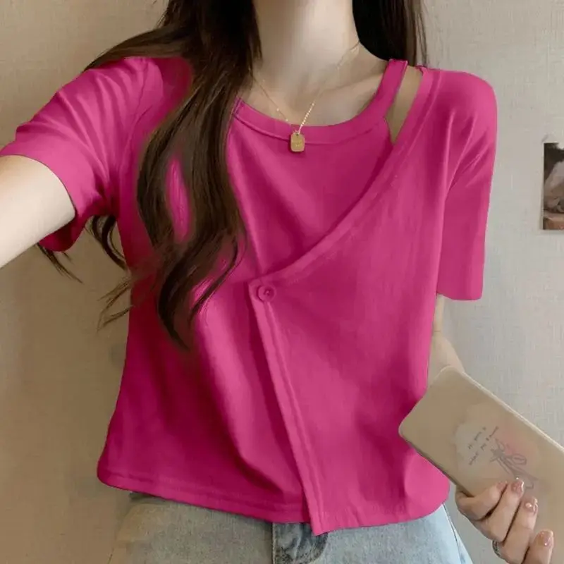 Women Asymmetrical Wrap Front Short Sleeve T Shirt Loose Fit Solid Color Casual Top Summer Fashion Tee