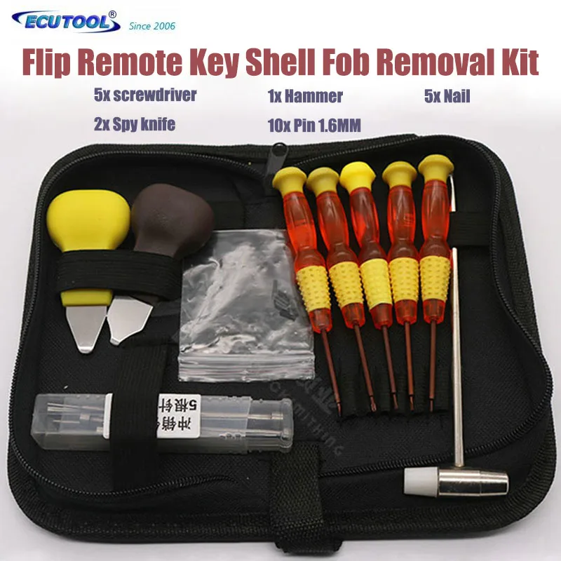 

Car Remote Key Fob Removal Kit Flip Key Shell Cover Opening Tool - Fixing Pins, Nail, Screwdriver, Prying Knife, Hammer