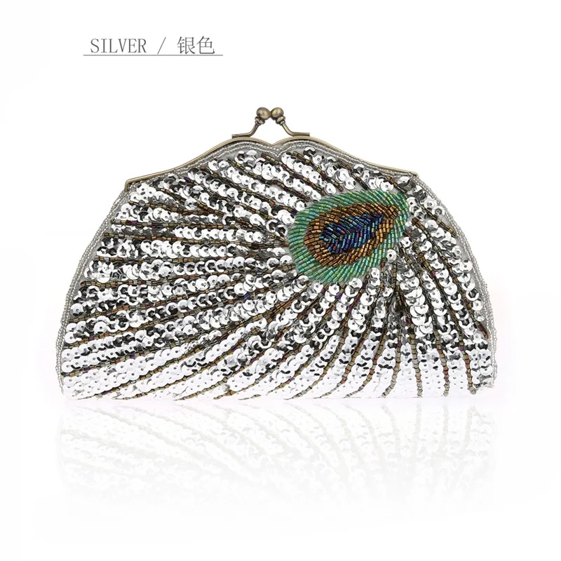 Vintage Women\'s Clutches Evening Bags with handle Peacock Pattern Sequins Beaded Bridal Clutch Purse luxury mini handbag WY146