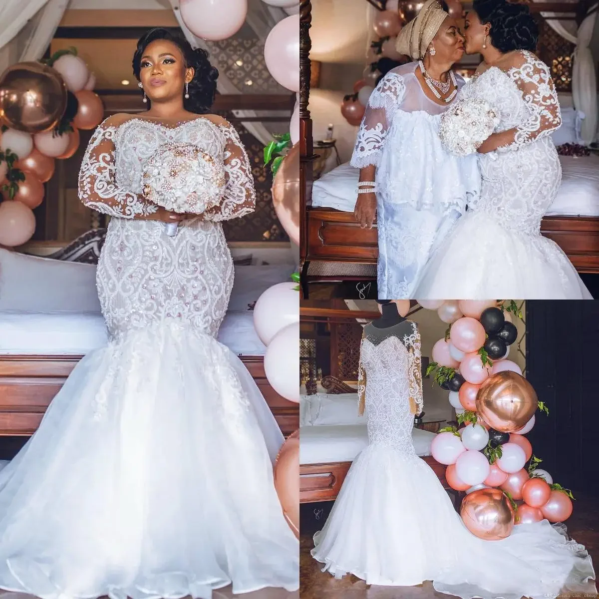 Customized Africa Plus Size Wedding Dresses Long Sleeves Beaded Lace Appliques Mermaid Bridal Gowns Custom Made Robes De Mariée