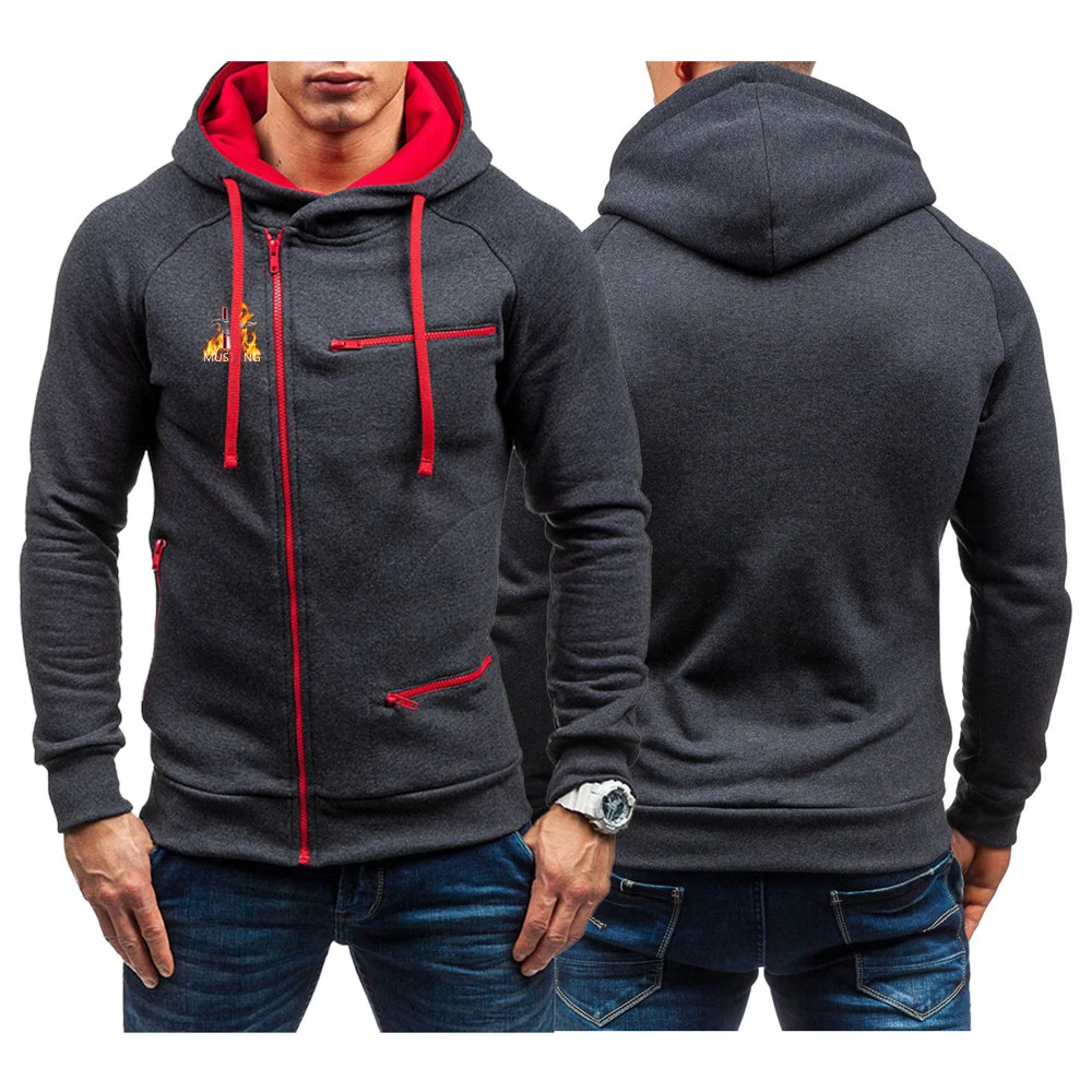 

2023 Men's New Mustang Printing Hoodies Fashion Diagonal Zipper Sweatshirts Solid Color Tracksuit Casual Outerwear Tops Clothing