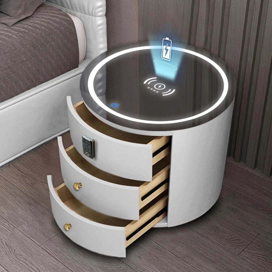 Round Bedside Table Intelligent Audio Password Fingerprint Lock Wireless Charging Leather Wood Cabinet Nightstands for Bedroom