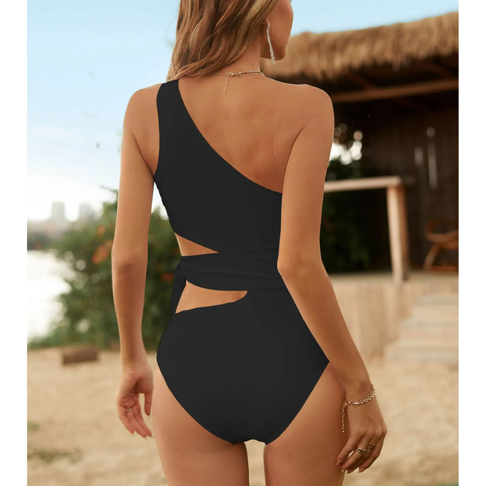 Swimsuit 2025 Trend Women Swimsuits One Shoulder Monokinis Tie Side Cut Out Bathing Suits Lace Up And Hollowed Out Solid Bikini