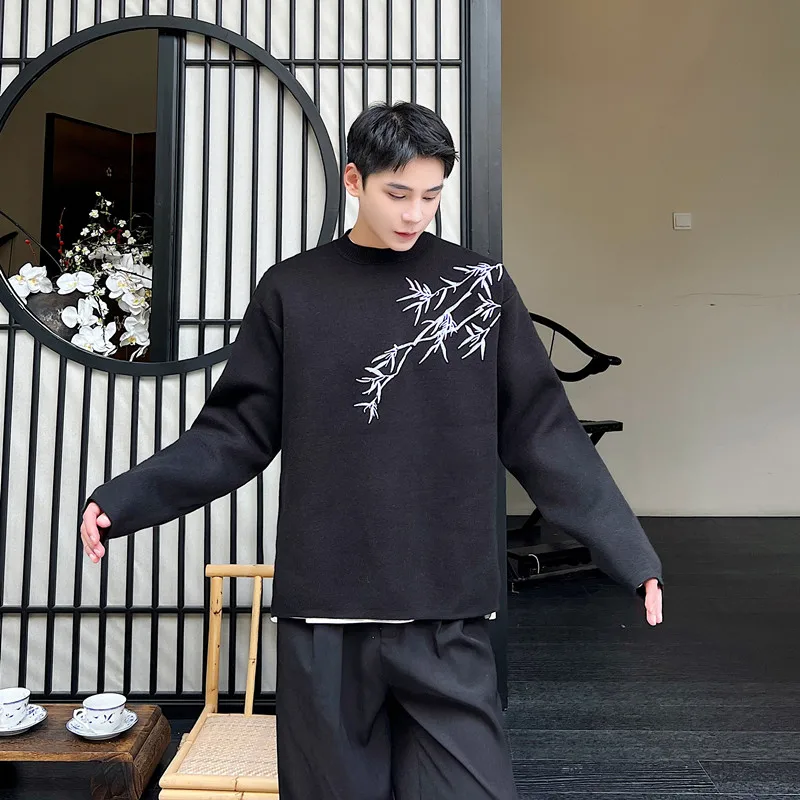 

Осенне-зимний новый вязаный свитер в китайском стиле с вышивкой в виде бамбуковых листьев, мужской молодежный свободный крой, универсальная модная верхняя одежда