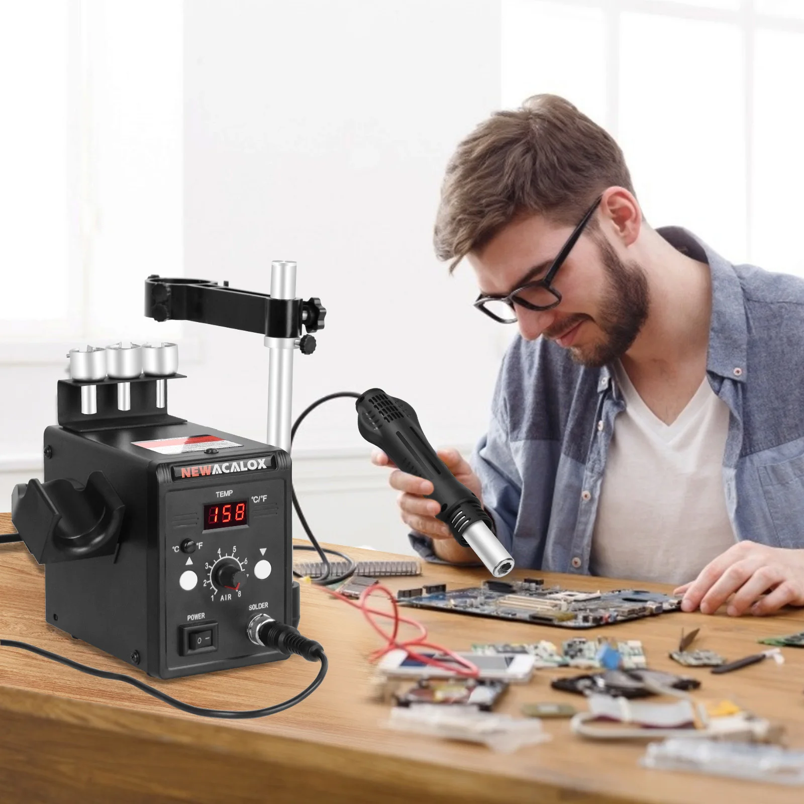 NEWACALOX-Estação De Solda De Retrabalho De Ar Quente Pistola De Calor Industrial, Ferramenta De Solda Desoldering, Exibição De Temperatura, 110V, 700W
