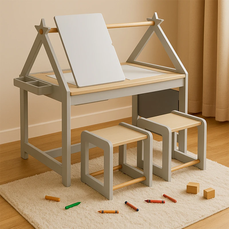 Eduland Montessori Furniture Educational Table Toys Sensory Activity Table Set for Kids Multifunction Wooden Art 2 Stools Sand