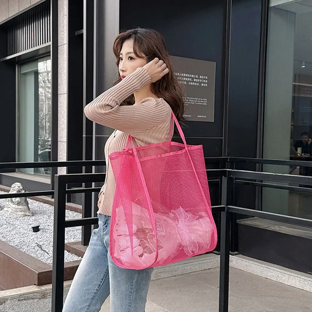 Portable Large Capacity Beach Bag New Style Solid Color Transparent Mesh Bag Sports Shoulder Pouch Tote Handbag Shopping