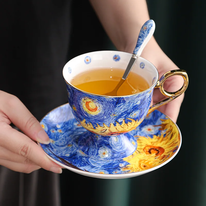 

Креативная керамическая кофейная кружка «Звездная ночь» с подсолнухом, изысканная домашняя кружка для послеобеденного чая, десерта, художественная картина маслом, чайная чашка, современная