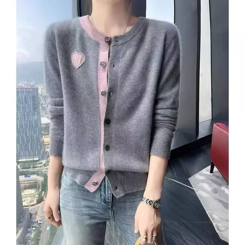 Cárdigan de punto bordado con cuello redondo y bloques de Color para mujer, nuevo estilo, moda holgada, moda perezosa