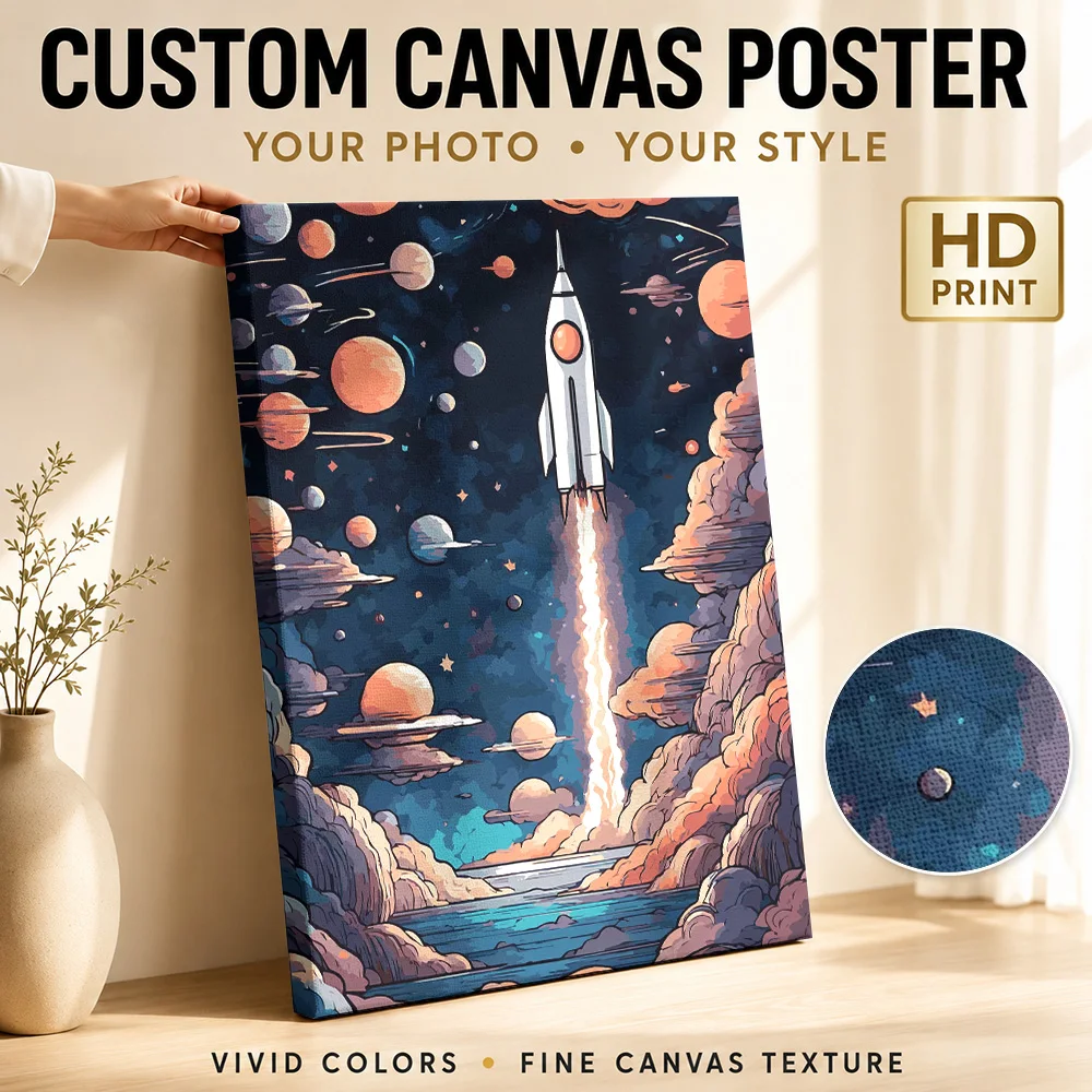 Rocket Rising Through Cloud Layers Framed Canvas Poster Customized Photo Dreamlike Landscape Wall Art For Home Astronomy Study