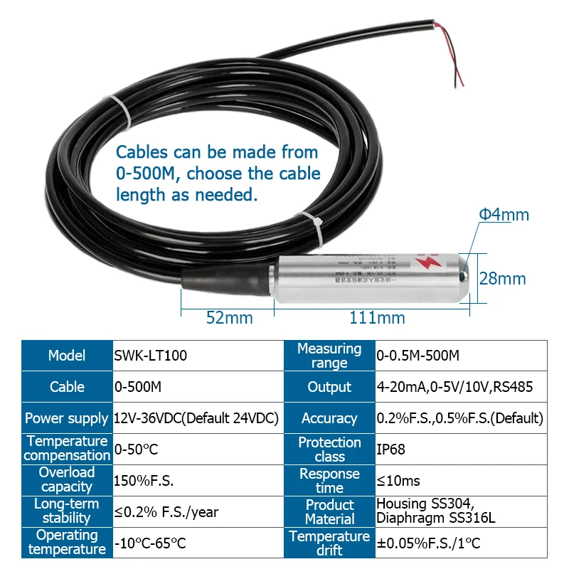 Water Level Transmitter Measurement 0-0.5M-500M Tank Pool Deep Well 4-20mA 0-5V 10V RS485 Output Hydrostatic Water Level Sensor