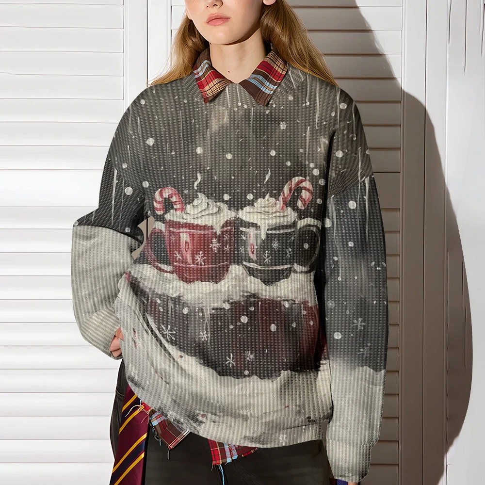 

Christmas Hot Cocoa Print Couple Sweatshirt Harajuku Classic Pullover Hipster Oversized Hoodie Holiday Gift Brown Men's Tops