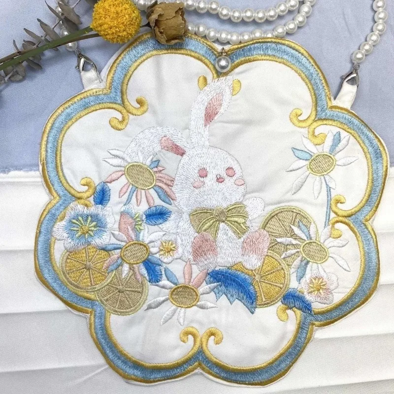 Original Hanfu Chinese Floral Bunny Embroidery Handbag Pearl Chain Bags Shoulder Crossbody Bags Cosplay Princess Purse Wallet