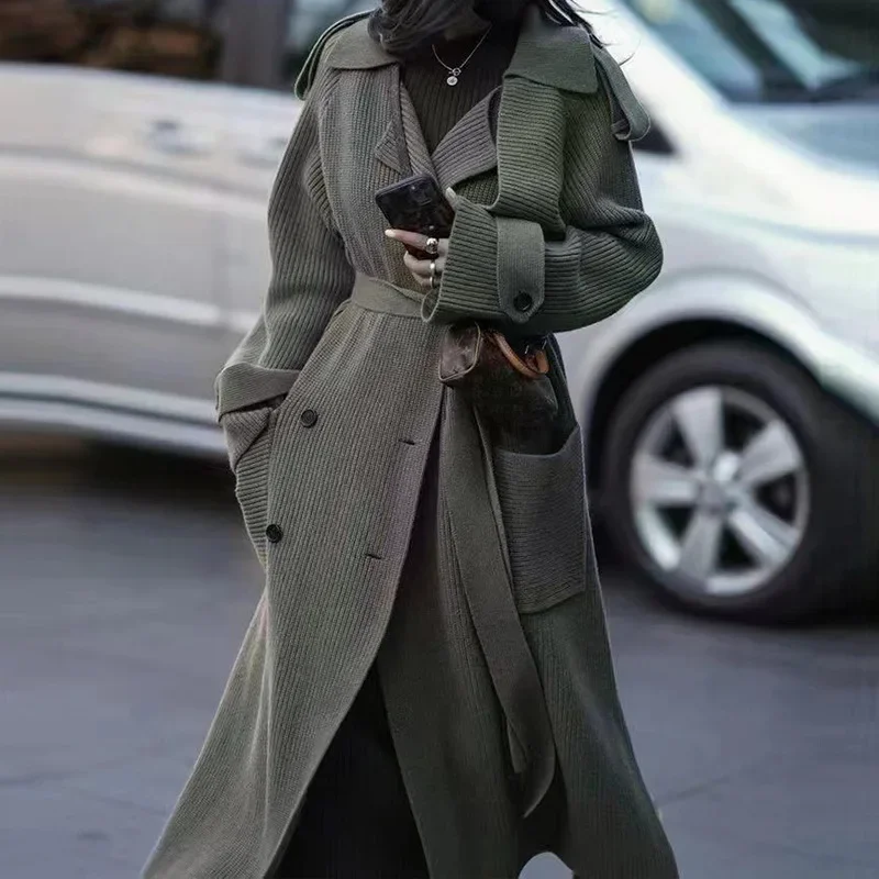 Cárdigan largo de punto con doble botonadura para mujer, de Color sólido abrigo grueso, elegante, Otoño e Invierno