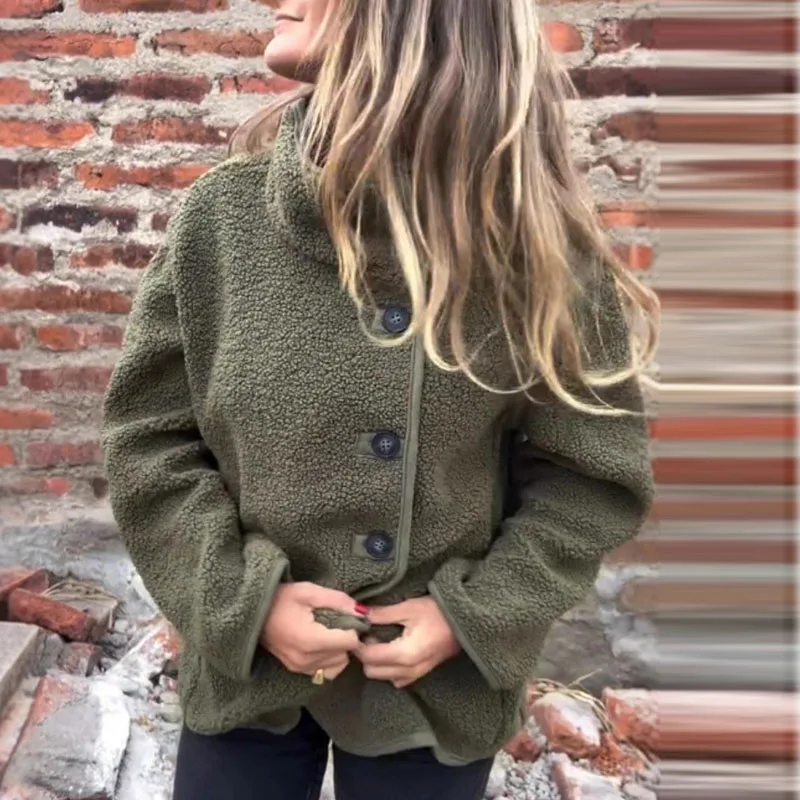 

Осень-зима, однотонное теплое меховое пальто, женские элегантные куртки на пуговицах с высоким воротником, повседневная винтажная верхняя одежда с длинными рукавами и карманами, кардиганы