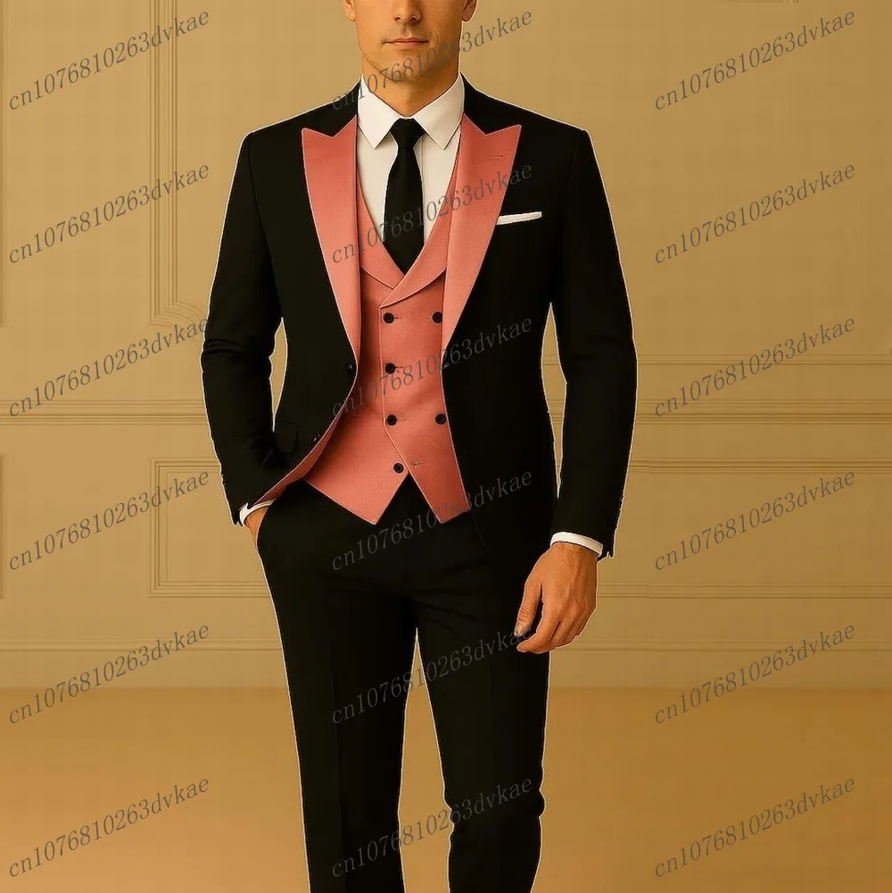 

Новый черный и розовый мужской костюм для свадебной вечеринки, формальный жених, жених, выпускного вечера, деловые мужские смокинги, комплект из 3 предметов, куртка, жилет, брюки