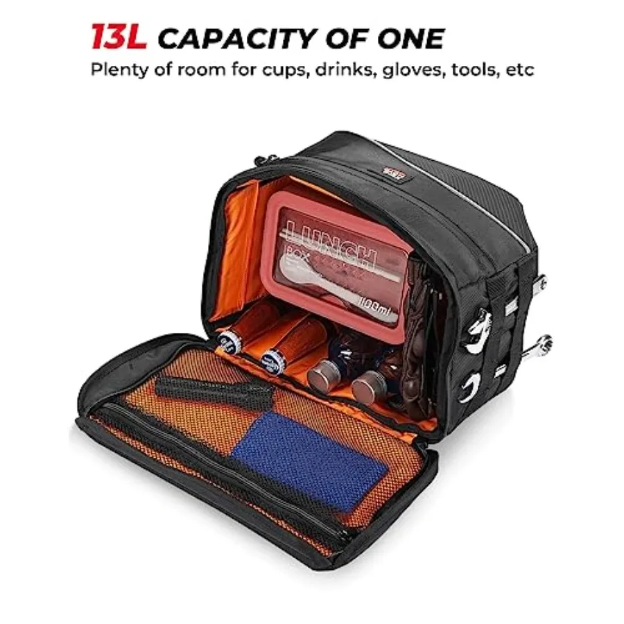 Motorcycle saddle bags for cruiser and dirt bike use, polyester fabric with orange liner, 26L capacity, universal throw-over de