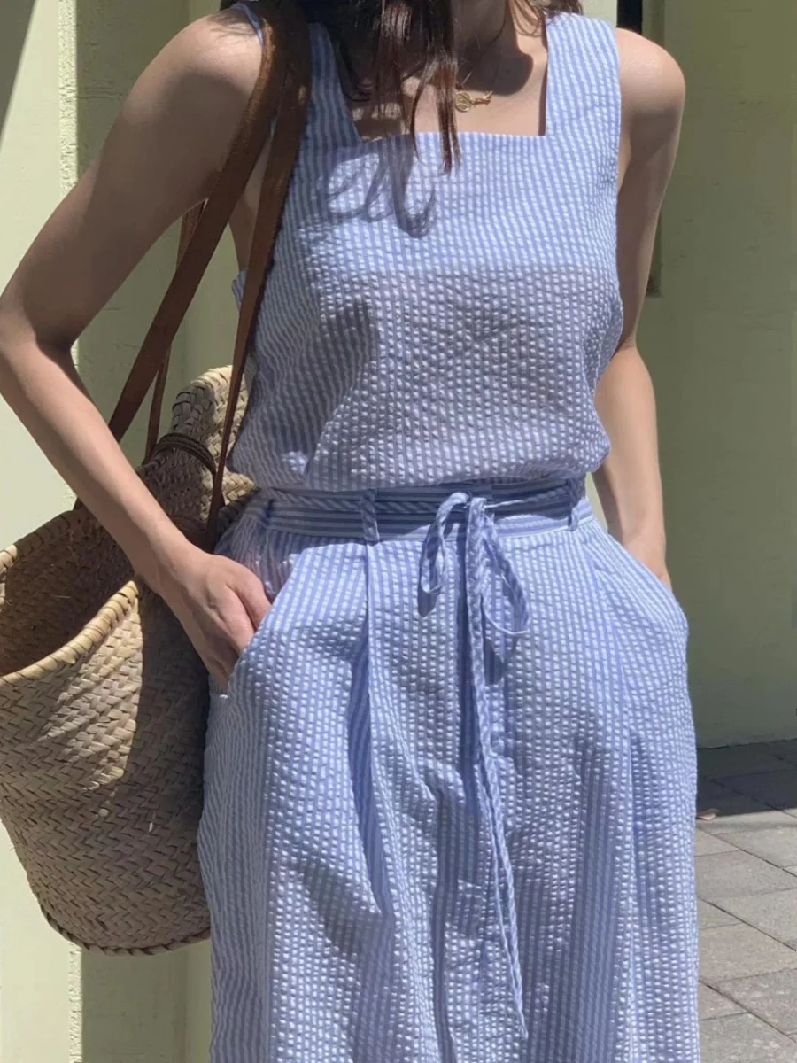

Korean Chic Summer Stripe Sleeveless Vest And High Waist Skirt Set Women's Fashion Ensemble Square Collar Slimming Effect