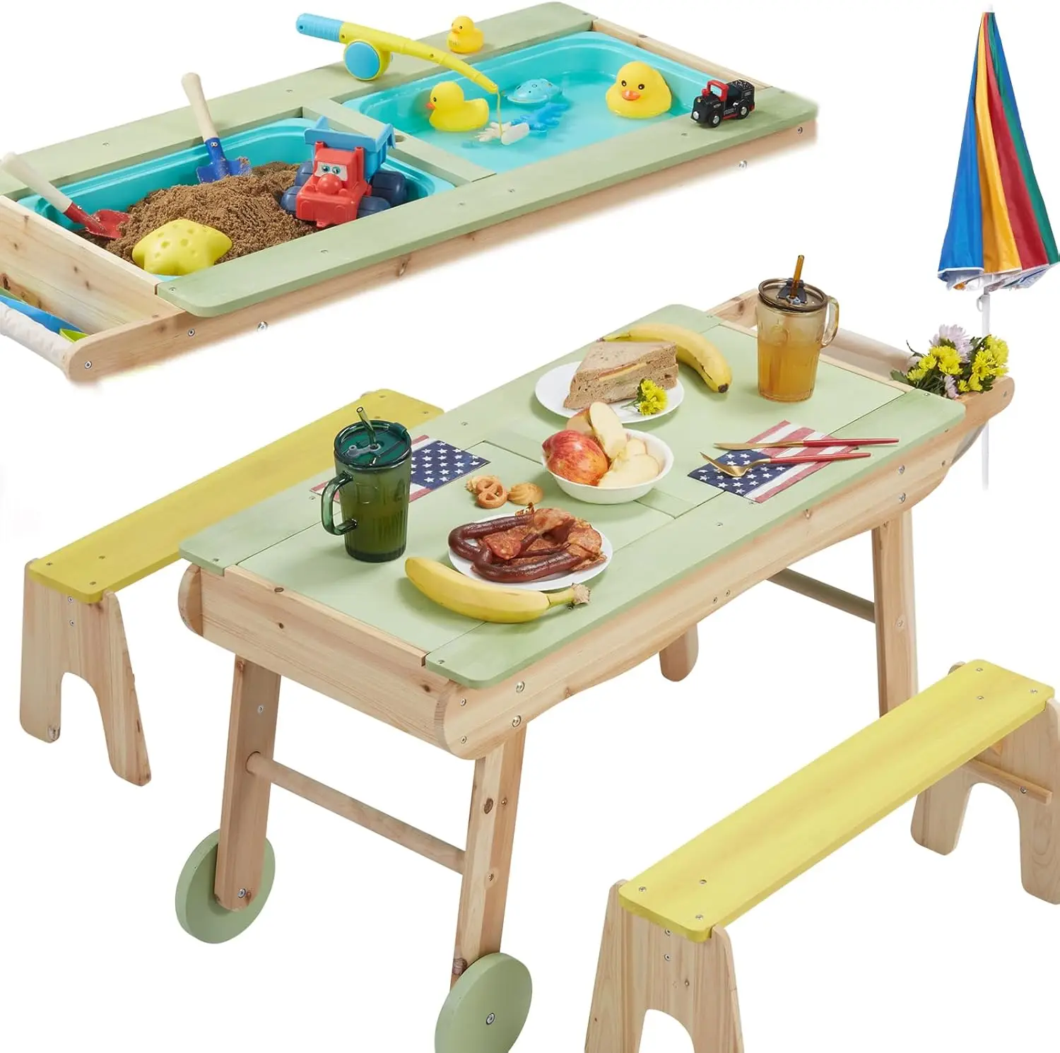 3 In 1 Kids Picnic Table, Indoor Outdoor Sand And Water Activity Table ForToddler Boys Girls