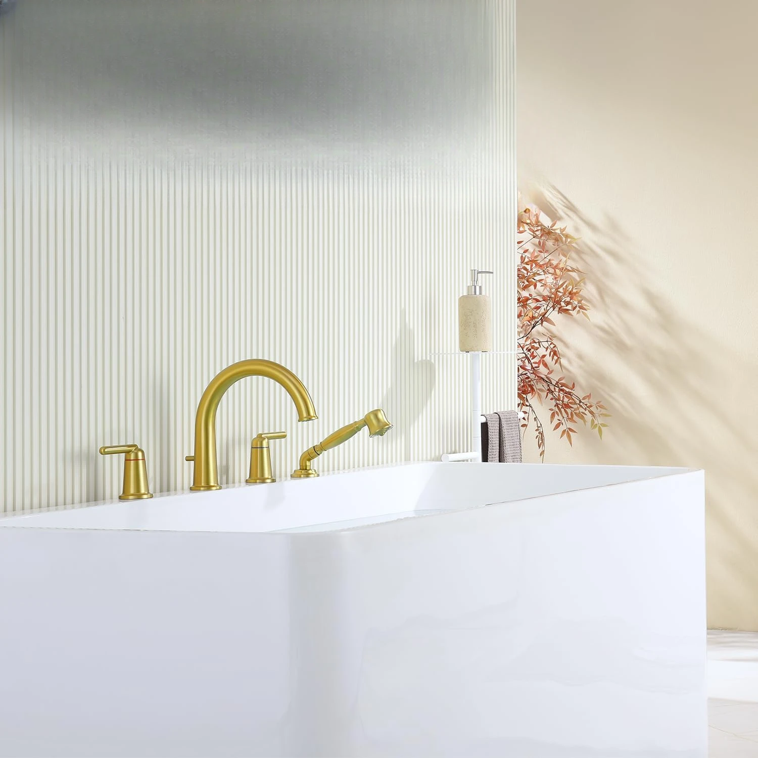 Deck Mount Bathtub Faucet with Valve Classic Gooseneck Tub Faucets with Diverter High Flow Tub Filler Brushed Gold WT