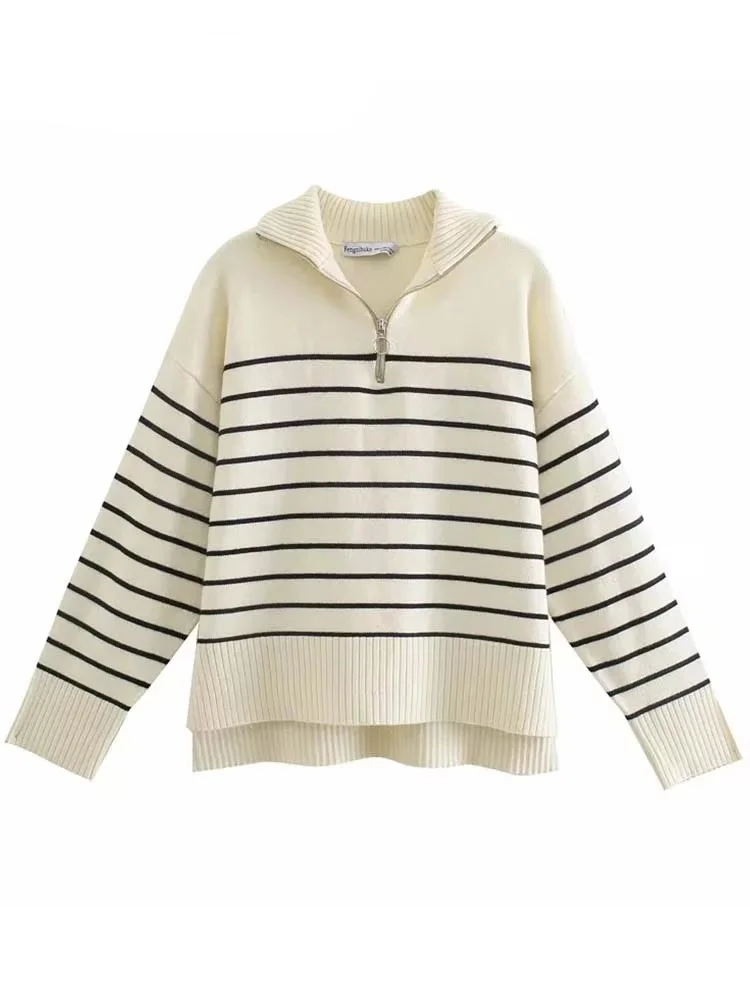 Damesmode Losse gestreepte asymmetrie gebreide truien Vintage lange mouwen Zip-up vrouwelijke truien Chique gebreide tops